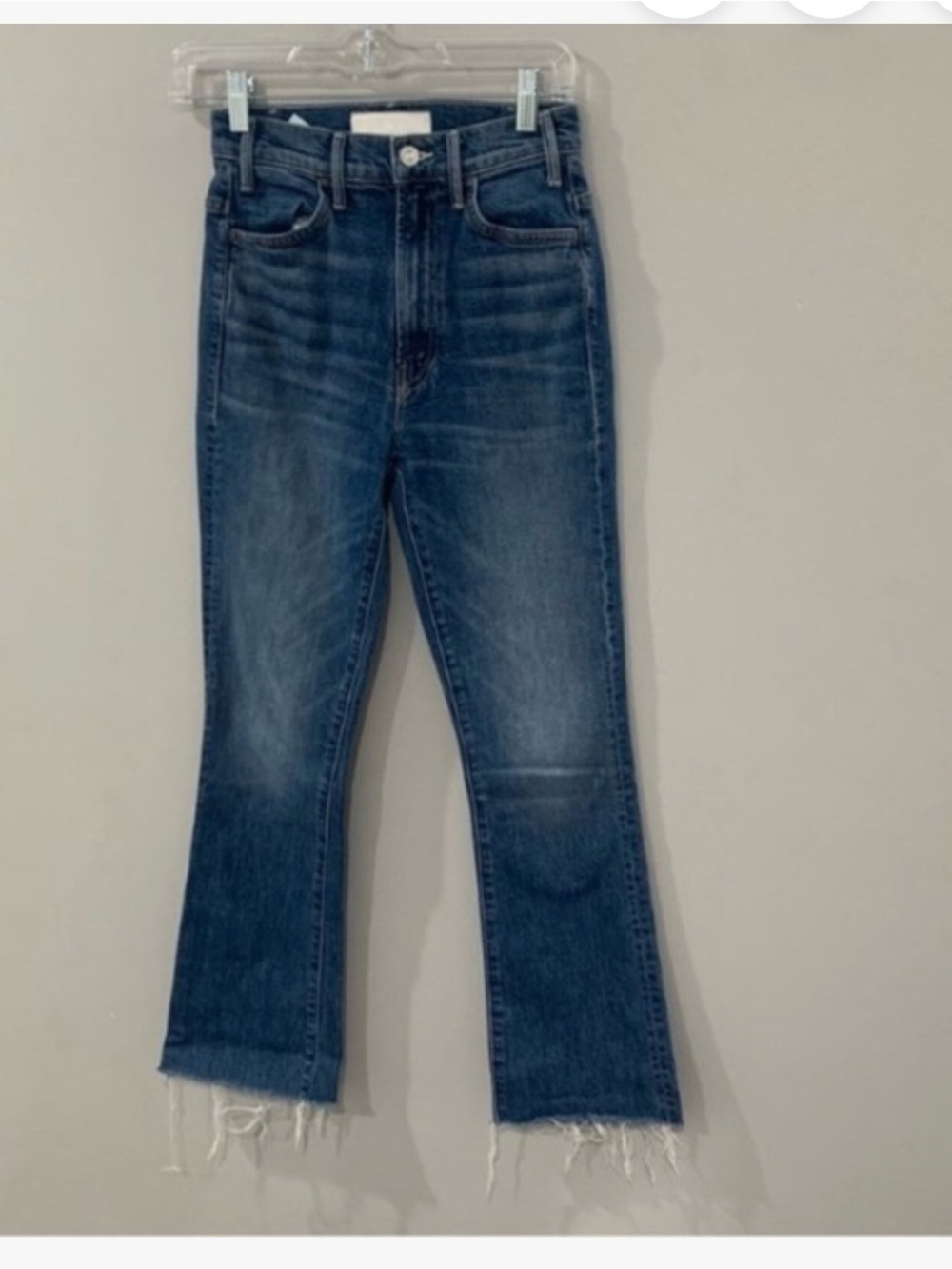 MOTHER SUPERIOR- Hustler Flood Fray Deer Me Mid-Rise Dark Blue Flare Crop Jeans